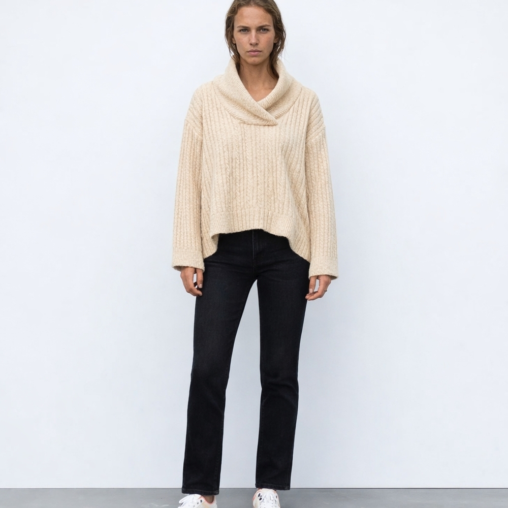 Zara Cream Cable-Knit Sweater | Cozy Chunky Ribbed Cowl Shawl Collar Oversized